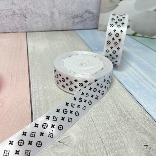 Лента атласная с рисунком 2,5см Белая с черным