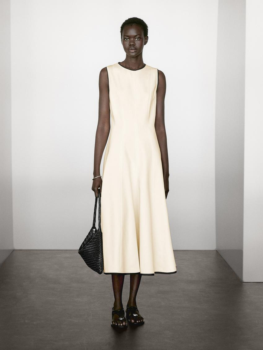 Massimo Dutti Платье клеш с контрастными деталями, натуральный, кремовый