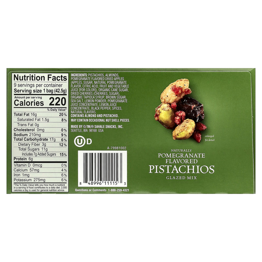 Sahale Snacks, глазированная смесь, гранат и фисташки, 9 пакетиков по 42,5 г (1,5 унции)