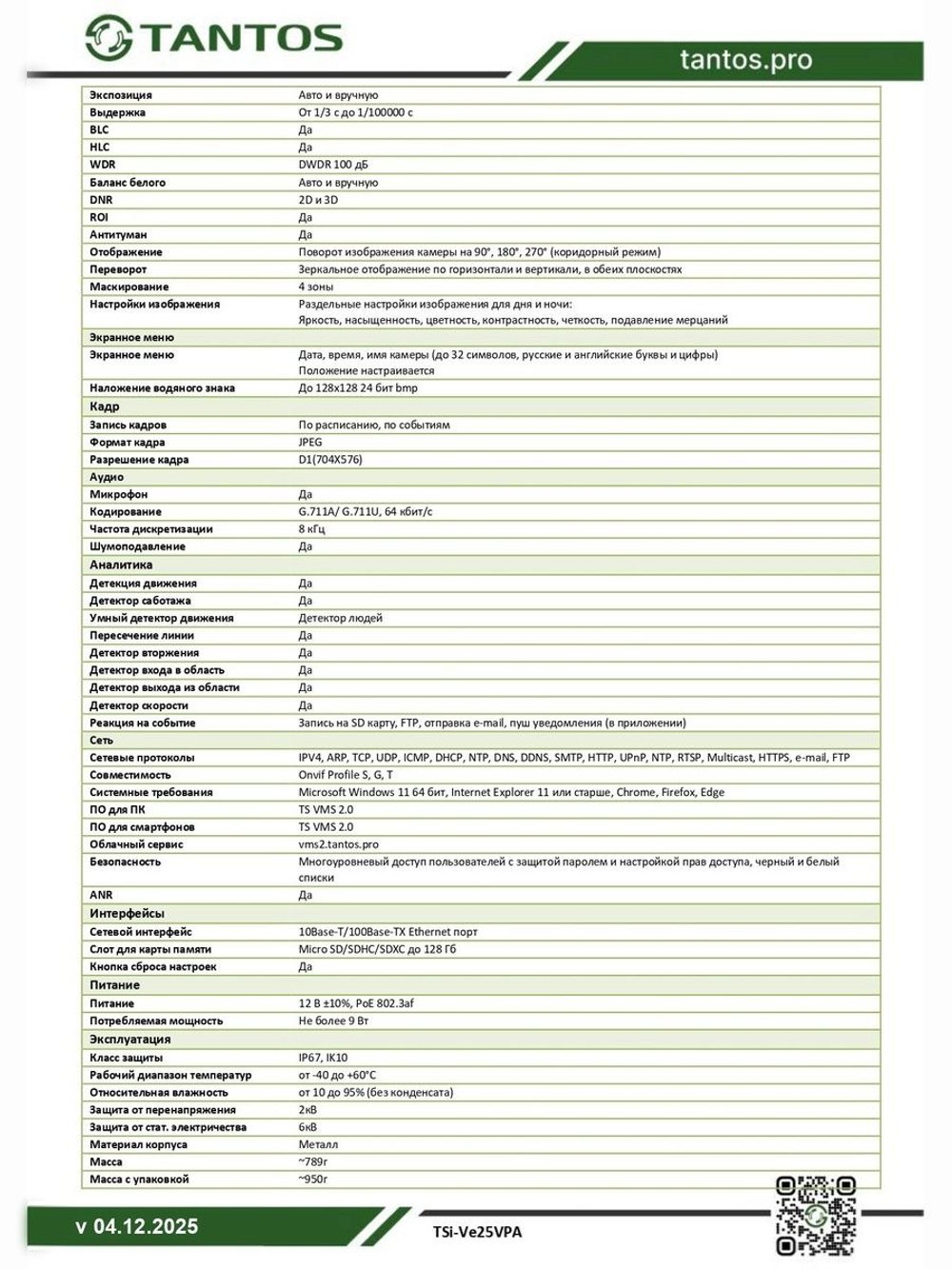 Видеокамера IP TSi-Ve25VPA