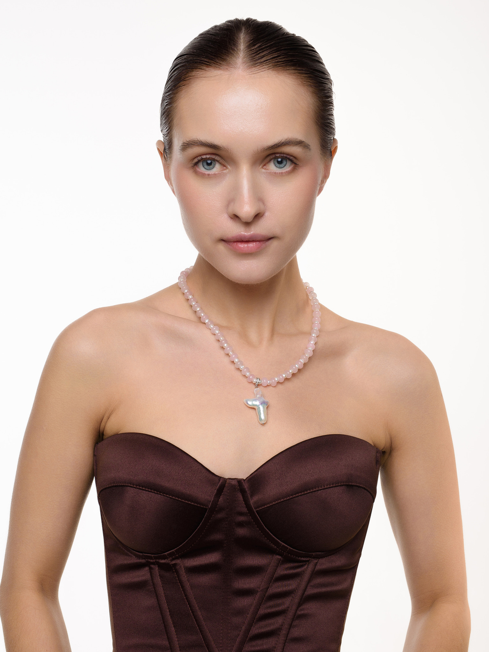 Чокер "Sea pearl cross pink" Silver