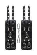 Черные кожаные наручники с двумя ремнями и красной подкладкой (Цвет: черный с красным)