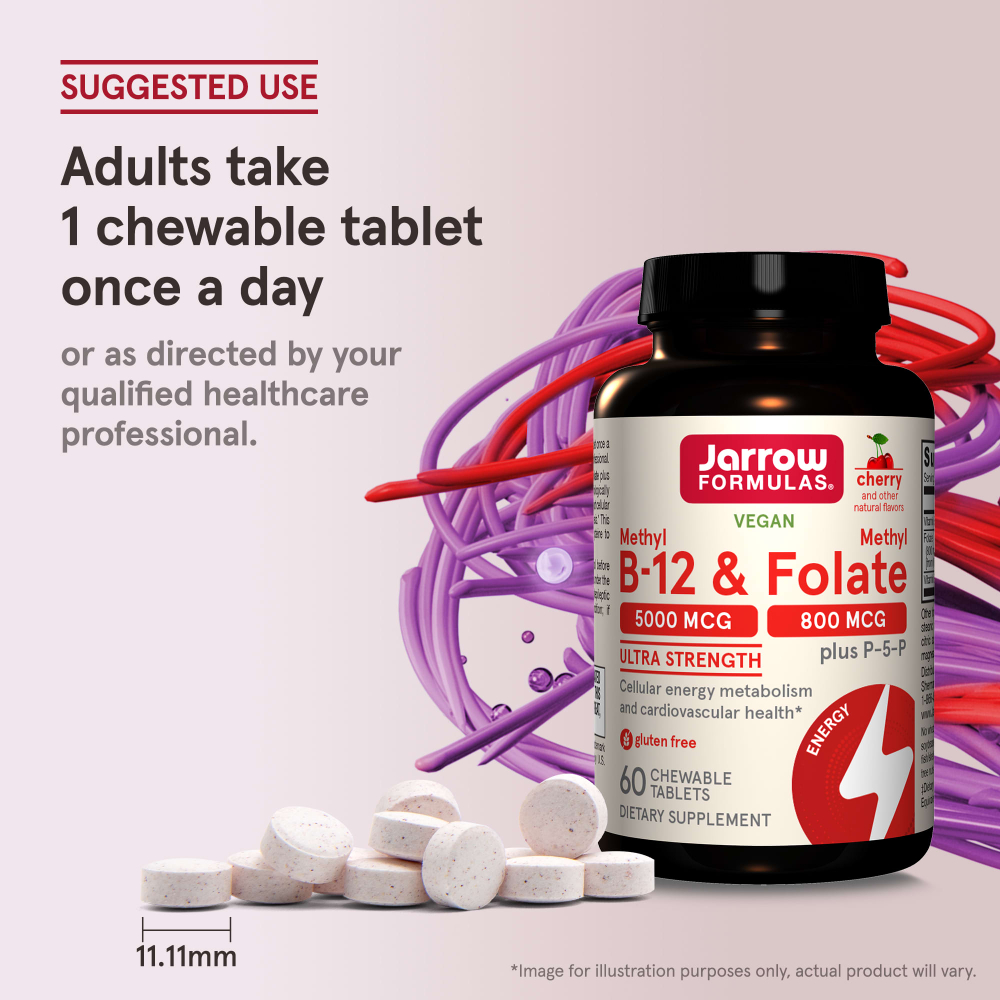 Jarrow Formulas, веганский метил B12 и метилфолат, максимальная сила действия, со вкусом вишни, 60 жевательных таблеток