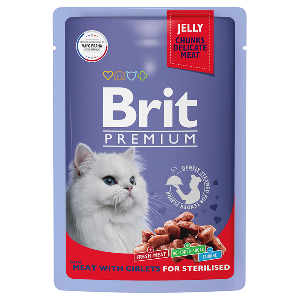 Влажный корм Brit Premium мясное ассорти и потрошки в желе для кастр. кошек 85 г (Брит Пауч)