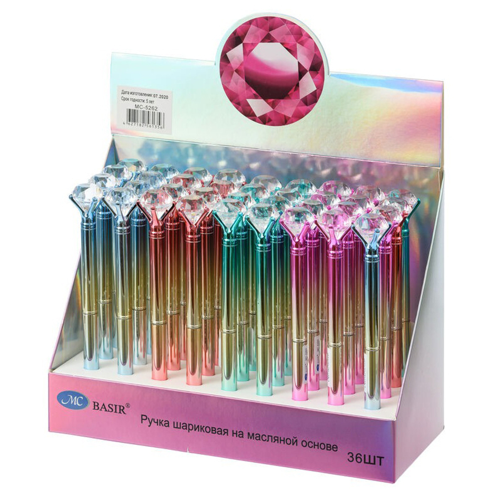Ручка шариковая, масляная, автоматическая, Basir, синие чернила, серия "Кристалл", с поворотным механизмом и бриллиантиком, 36 шт