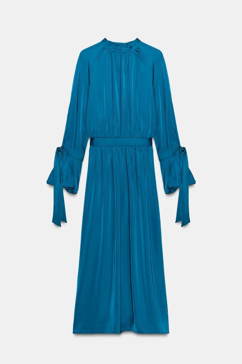 ZARA АТЛАСНОЕ ПЛАТЬЕ МИДИ С ЗАВЯЗКАМИ, УТИНО-СИНИЙ