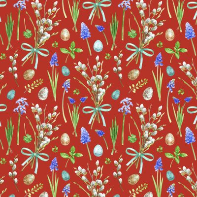 пасхальный принт с букетиками вербы на красном