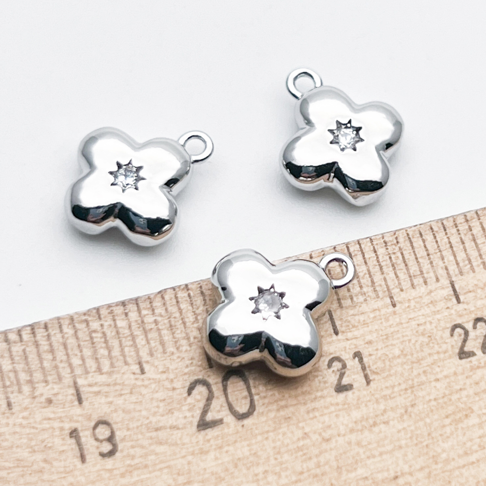 Подвеска Цветок (двухсторонняя!), цвет серебро (родий), фианит, размер 13*11 мм, цена за 1 шт