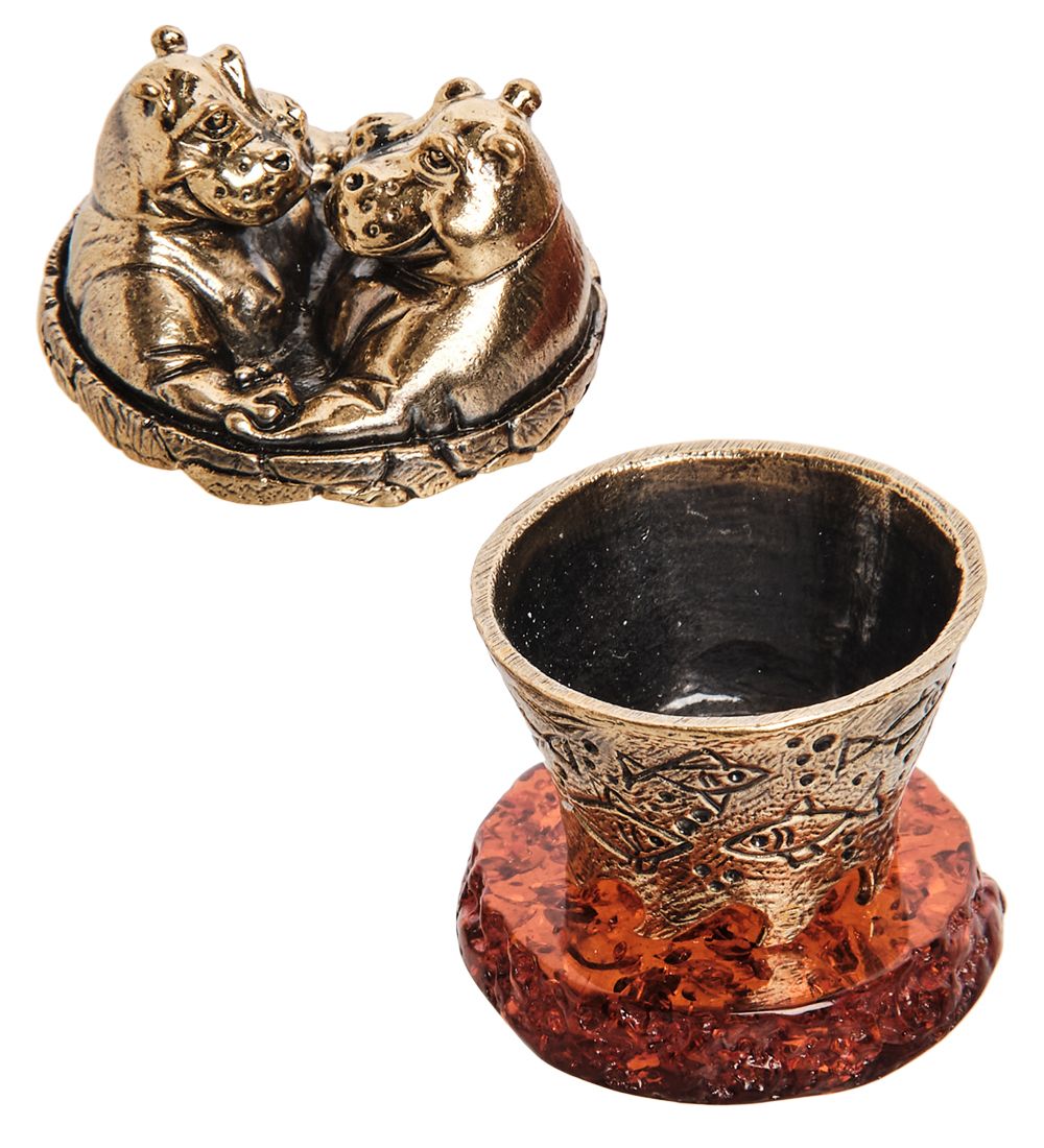 Народные промыслы AM-3272 Шкатулка «Бегемоты Романтик « (латунь, янтарь)