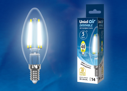 LED-C35-5W/NW/E14/CL/DIM GLA01TR Лампа светодиодная диммируемая. Форма свеча, прозрачная. Серия Air. Белый свет (4000K). Картон. ТМ Uniel