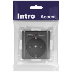 Розетка Intro Accent 6-410-07 P+E Schuko со шторками, 16А-250В + 2хUSB, IP20, СУ, графит