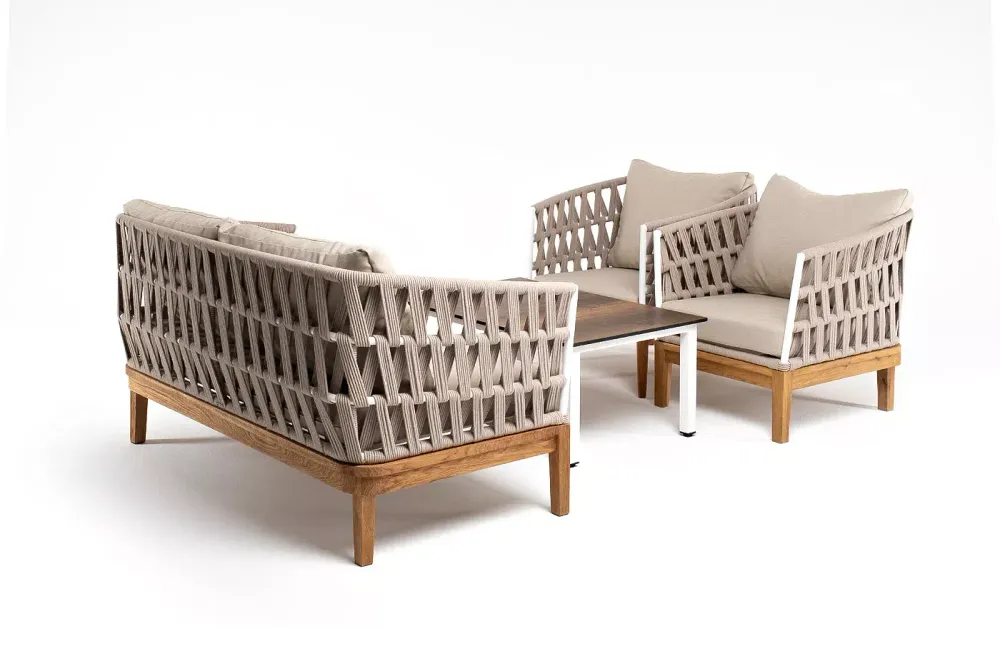 "Диего" лаунж-зона 4-местная плетеная из роупа со столиком "Канны" цвета "дуб", основание дуб, роуп бежевый
