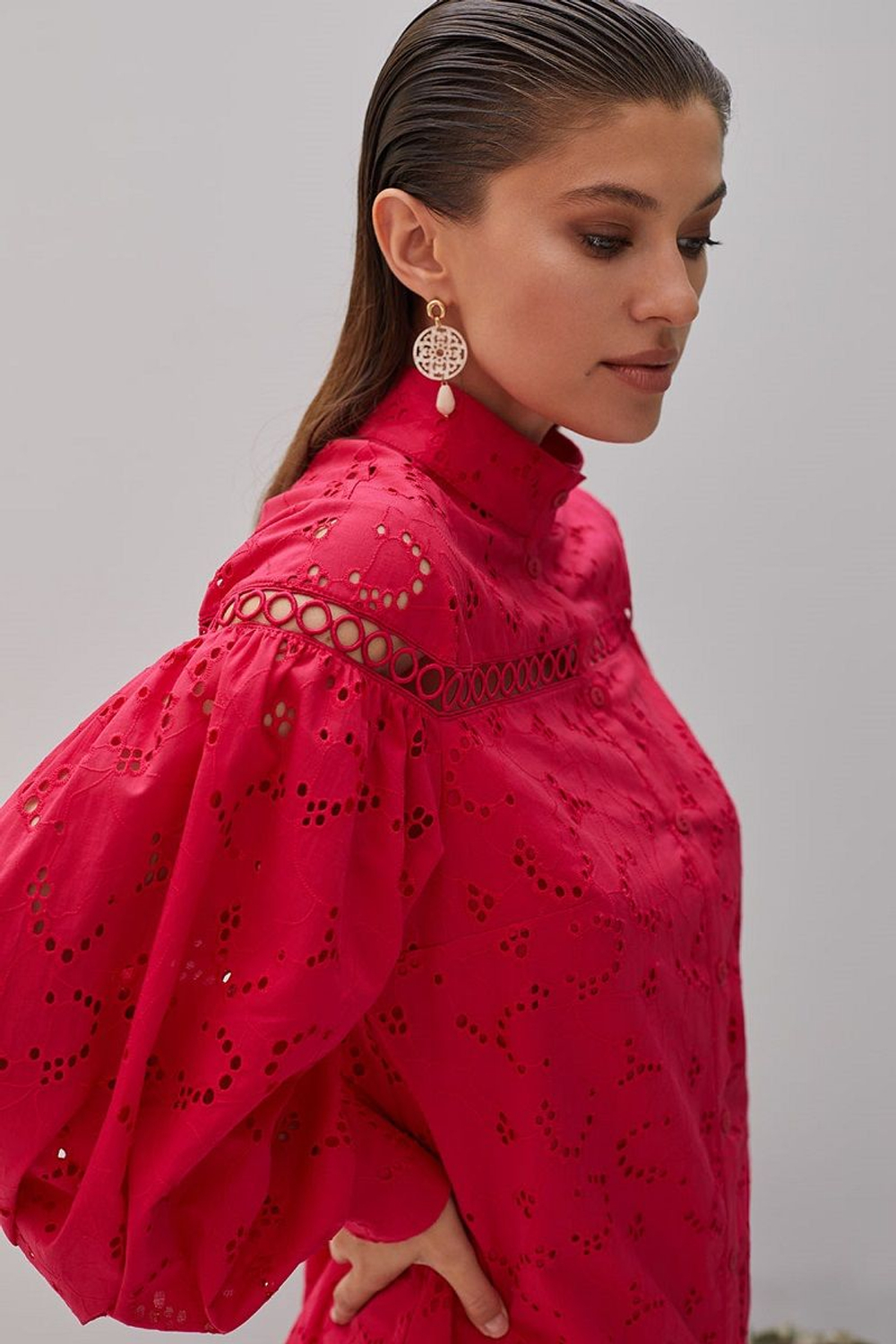 Рубашка свободного кроя с объемными рукавами (Размер: XL) (Цвет: ярко-розовый)