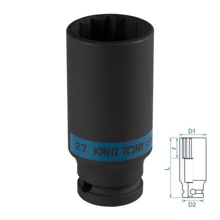Цена на KING TONY (443027M) Головка торцевая ударная глубокая двенадцатигранная 1/2", 27 мм