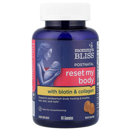Mommy's Bliss, Reset My Body, витамины для приёма в послеродовой период, с биотином и коллагеном, натуральный лимонный вкус, 60 жевательных таблеток