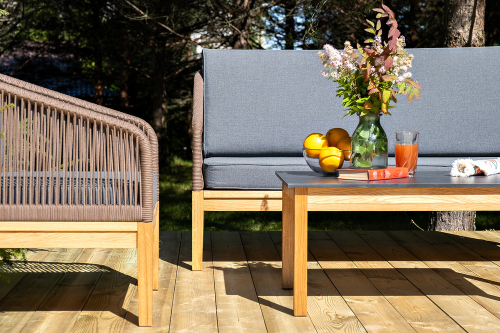 "Канны" лаунж-зона 4-местная из роупа со столиком "Канны" (серый гранит), основание дуб, роуп коричневый