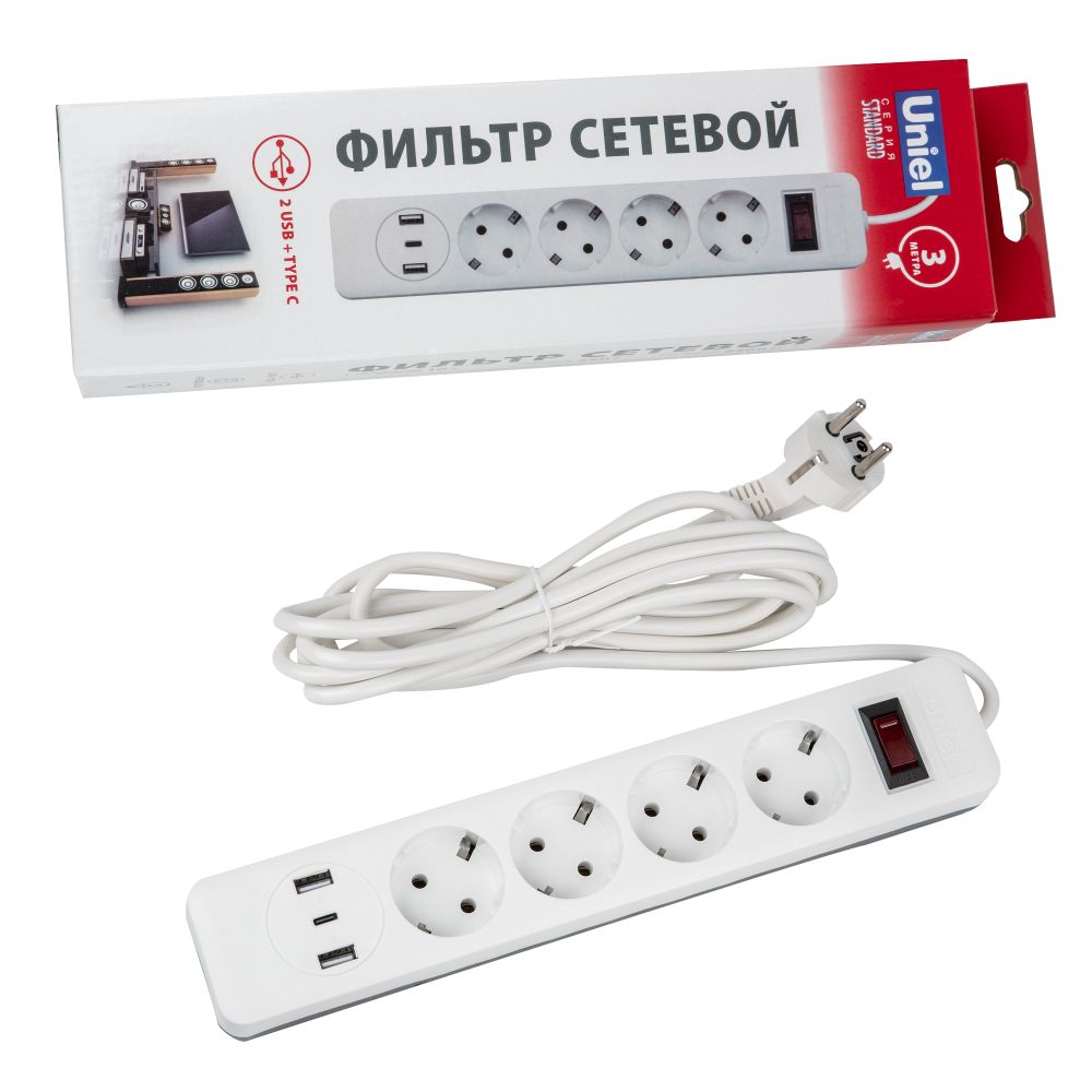 S-GSR4-3 U2C1 WHITE-GREY Сетевой фильтр серии Standard. шнур 3м Пвс 3х0.75. 4 гнезда. с-з. 2USB+1TYPE C. 10A. 2500Вт. Белый-серый. TM Uniel