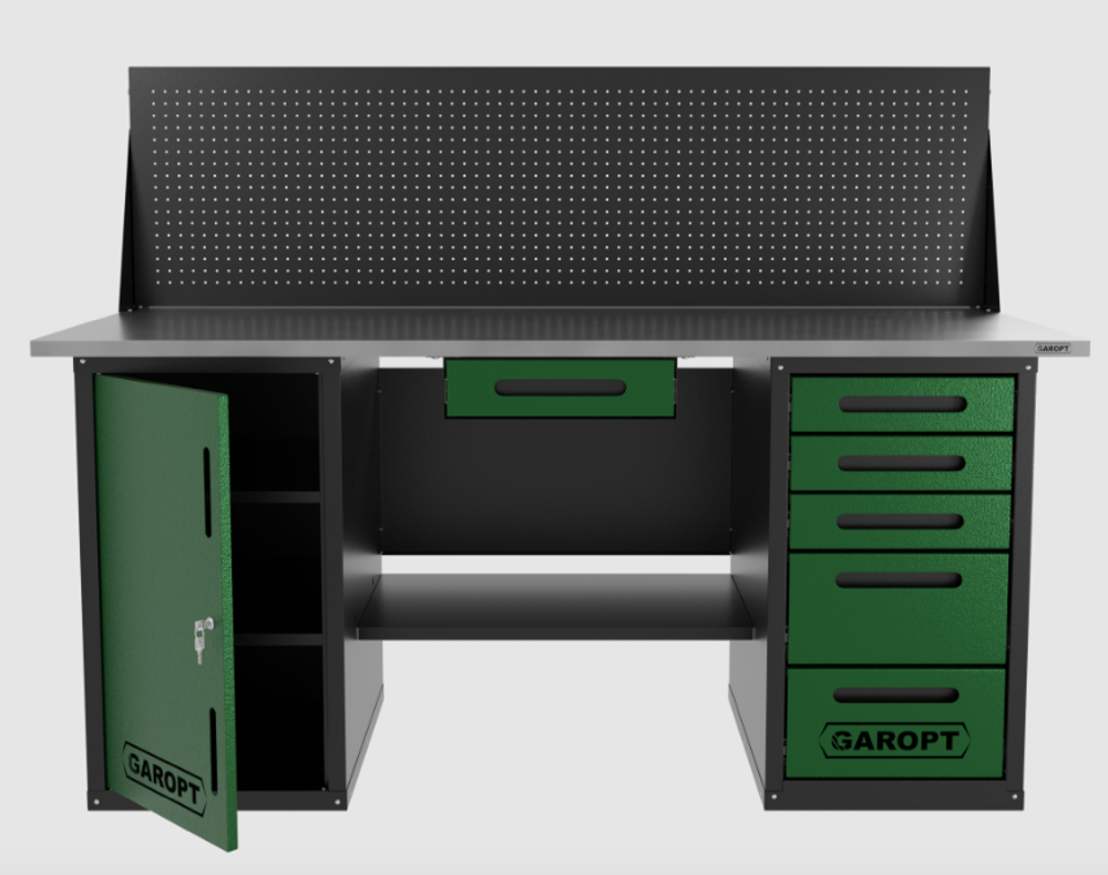 Верстак двухтумбовый дверь/5 ящиков с экраном и ящиком, зеленый 1800*700 Garopt, GT1800DY1Y5PP.green