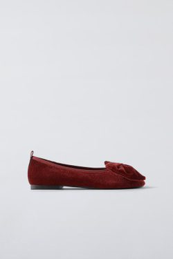 ZARA БАРХАТНЫЕ БАЛЕТКИ С БОЛЬШИМ БАНТОМ, ГРАНАТОВЫЙ