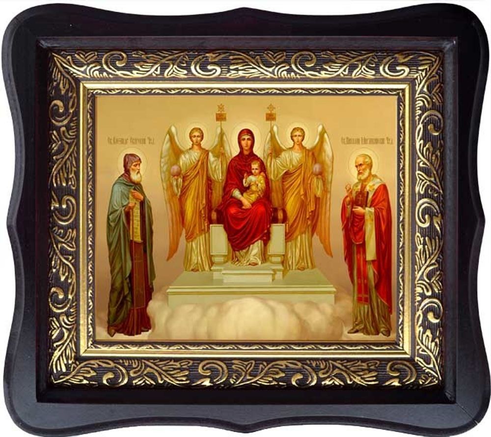 Пресвятая Богородица на троне с предстоящими Святыми. Икона на холсте.