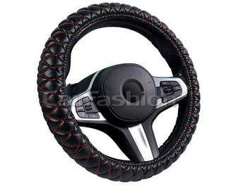 Оплетка на руль круглая CarFashion -М- «VERSAL» 31672 - Экокожа - черный/шов красный