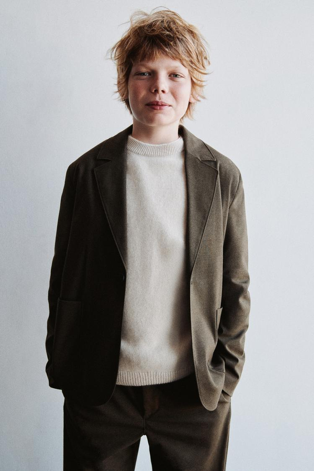 ZARA ФЛАНЕЛЕВЫЙ КОСТЮМНЫЙ БЛЕЙЗЕР, ТЕМНЫЙ ХАКИ