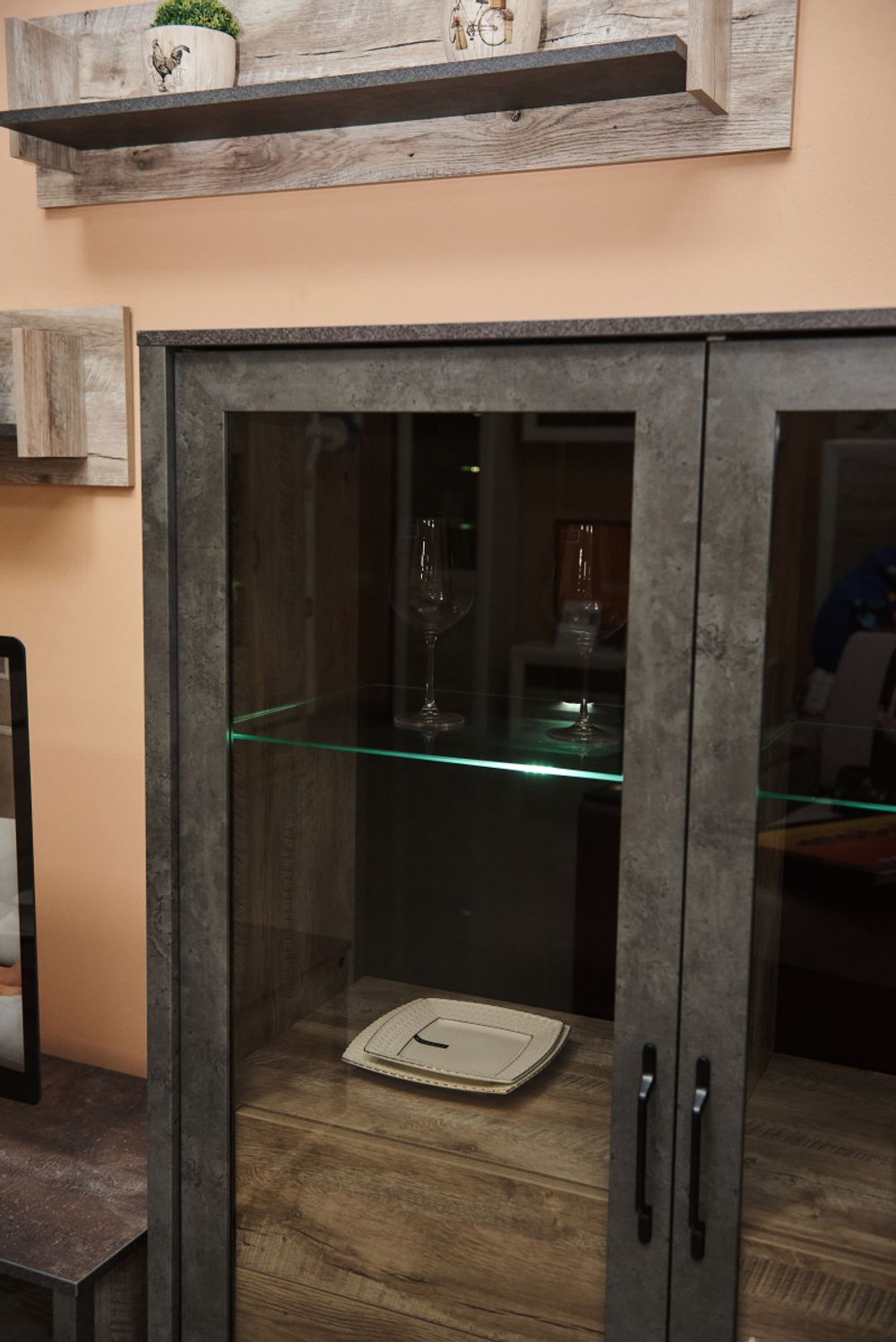 Коллекция Клео Шкаф Витрина малая 2хст. Дуб Юкон/Ателье темное (Набор)