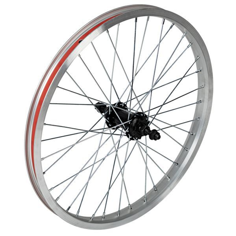 Колесо заднее 20" для BMX, двойной алюм. обод 36H, стал. втулка, ось 3/8" 175 мм, 9Т, серебристый
