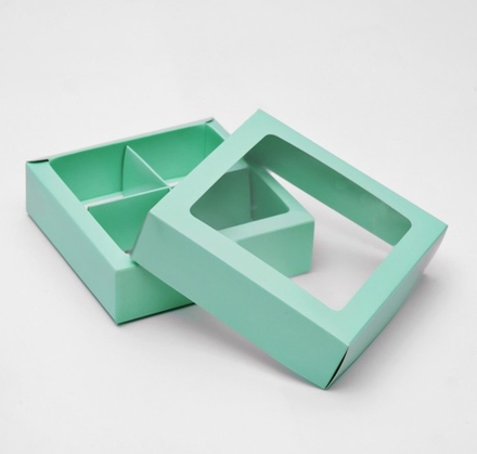 Коробка для конфет 4 шт с окном мятная, 12,5х12,5х3,5 см
