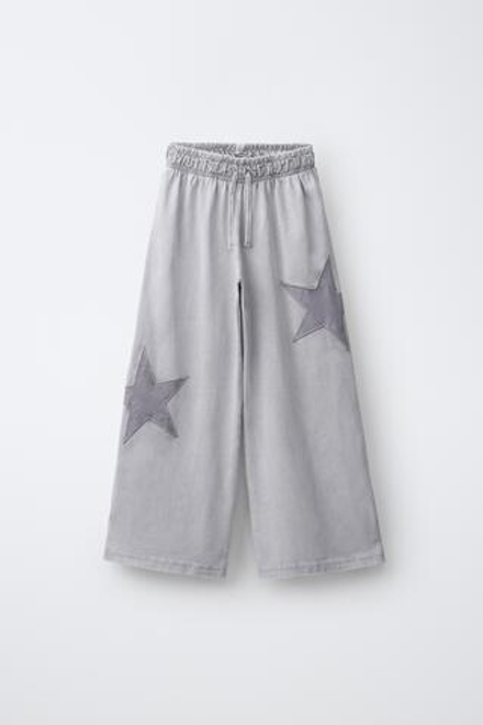 ZARA БРЮКИ WIDE LEG С ЭФФЕКТОМ ПОТЕРТОСТИ И ЗВЕЗДАМИ, СЕРЫЙ