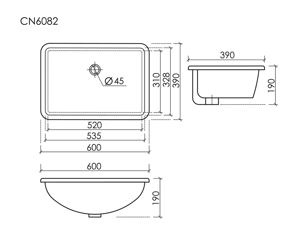 Раковина встраиваемая снизу CERAMICANOVA Era прямоугольной формы с отверстием слива- перелива 600x390x190 мм цвет белый арт. CN6082