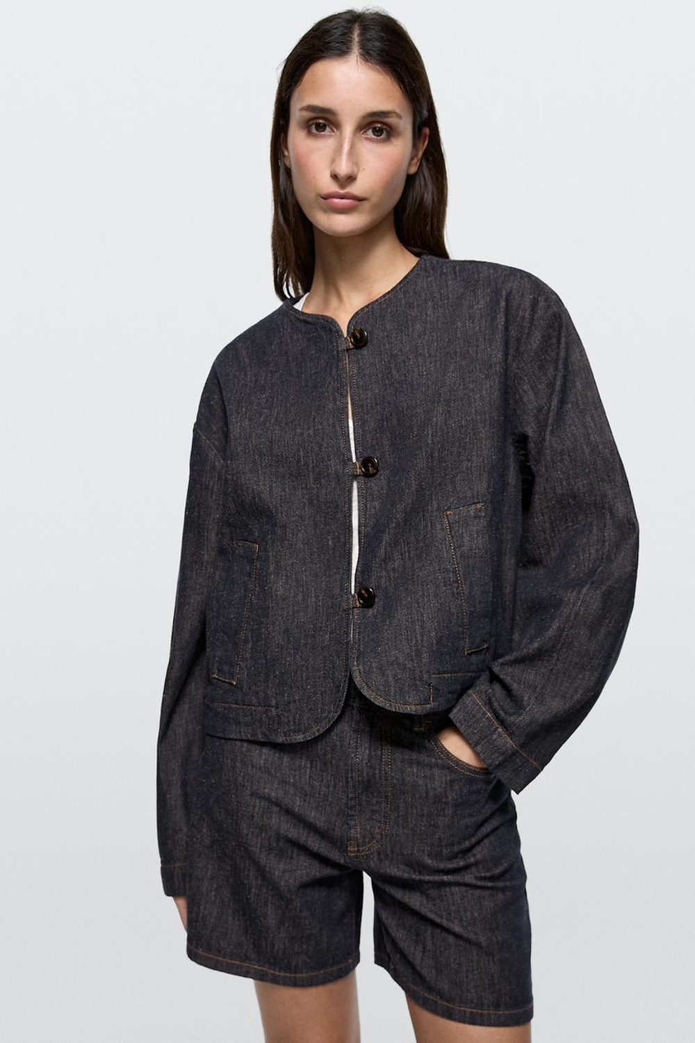 Massimo Dutti Короткая джинсовая куртка из смесового хлопка, темно-синий