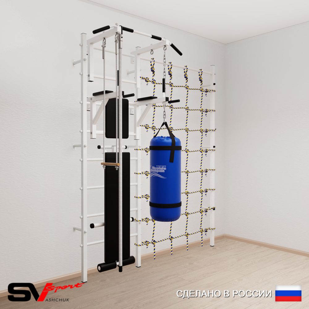 Шведская стенка Sv Sport усиленная 68630 (Турник стандарт/Брусья/Скамья/Канат/Трапеция/Цепь/Мешок 30кг/Канатный лаз)