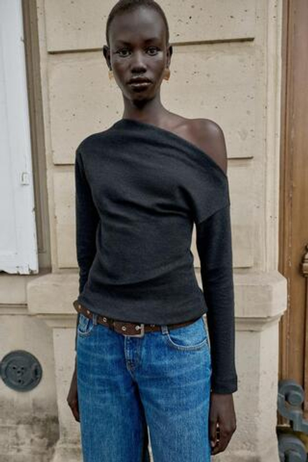 ZARA ТОП АСИММЕТРИЧНОГО КРОЯ ИЗ МЯГКОЙ ТКАНИ, ЧЕРНЫЙ МЕЛАНЖ