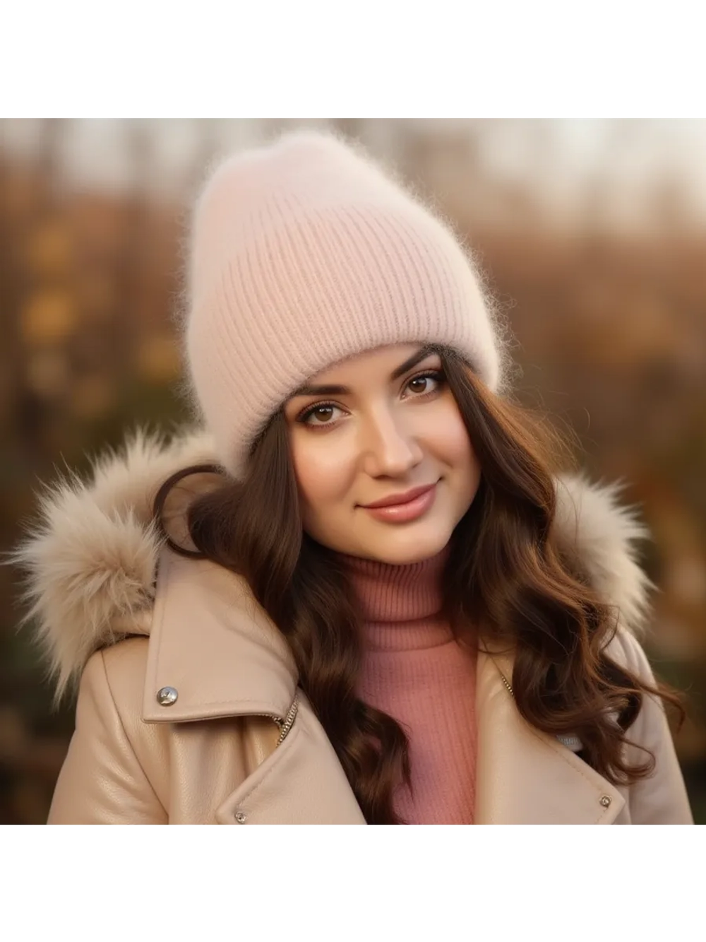 шапка вязаная бини ангора теплая демисезонная с отворотом