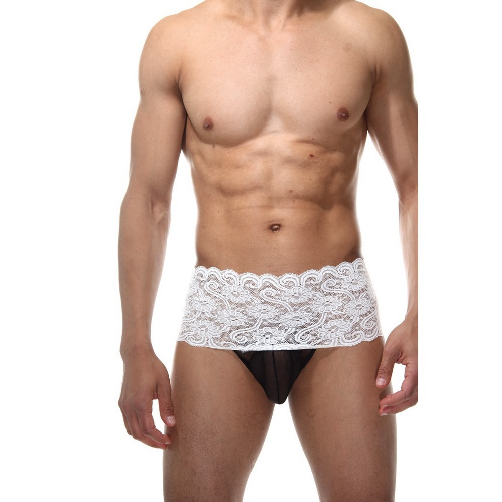 Мужские трусы стринги белые кружевные с черной шнуровкой LaBlinque LB15413