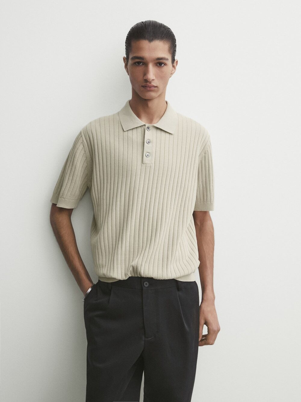 Massimo Dutti Поло в рубчик с короткими рукавами, натуральный, кремовый