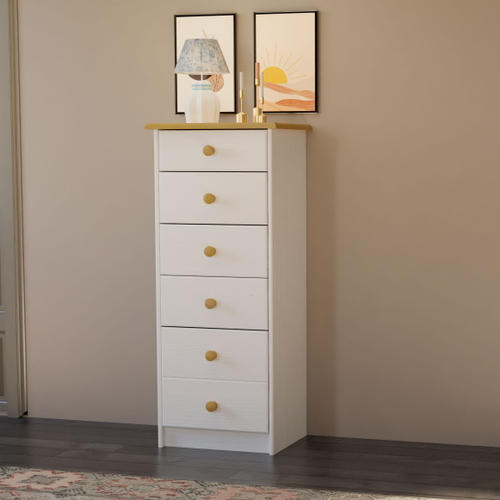 Dipriz Комод белый Хаба из сосны, 6 ящиков, высокий деревянный комод в спальню и детскую, белый/антик