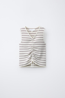 ZARA ТРИКОТАЖНЫЙ ТОП В РУБЧИК СО СБОРКАМИ, ПОЛОСКИ