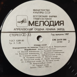 Винтажная виниловая пластинка LP Птицы СССР Определитель По Голосам Воробьиные: Жаворонки, Коньки (СССР 1986)