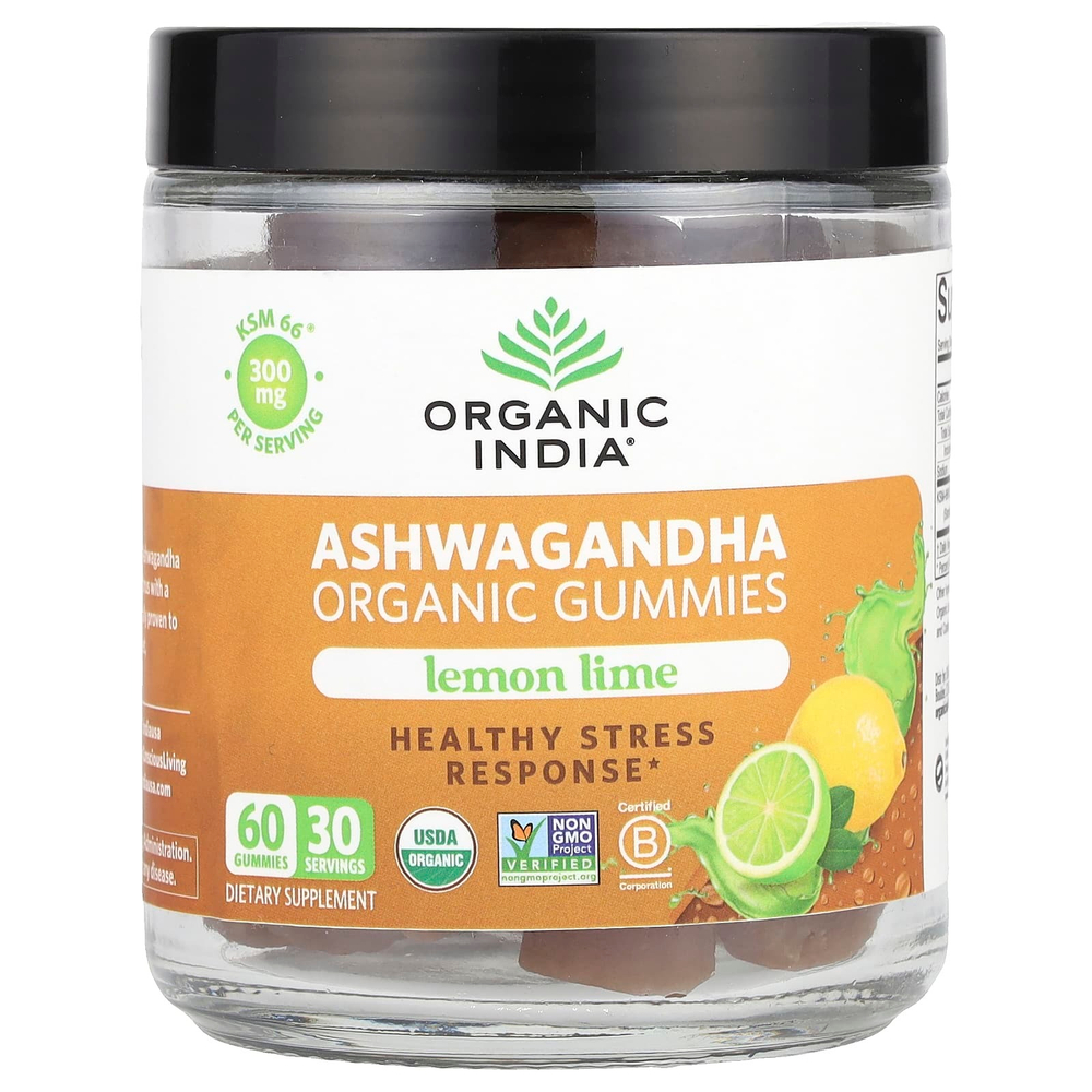 Organic India, Органические жевательные мармеладки ашваганда, лимон и лайм, 60 жевательных мармеладок (150 мг в каждой жевательной мармеладке)