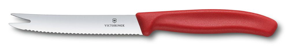 Фото нож для сыра и колбасы VICTORINOX SwissClassic лезвие 11 см с волнистой заточкой и раздвоенным кончиком красная пластиковая рукоять с гарантией