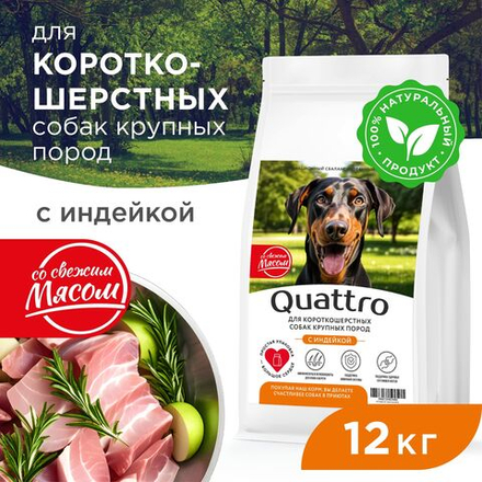 Корм сухой для взрослых собак крупных пород, премиум полнорационный комплекс, для короткошерстных собак, с индейкой, 12 кг, QUATTRO