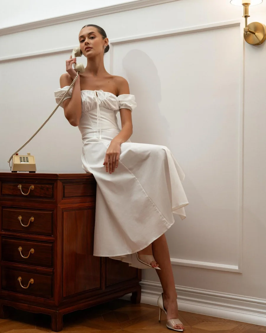 Платье с воланами макси, белый