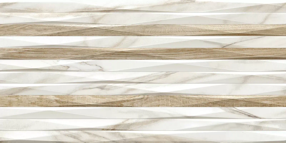 Настенная плитка Alma Ceramica TWU2550EPH14 Euphoria 24.9x50 белая / бежевая глянцевая / рельефная под мрамор / под дерево / полосы