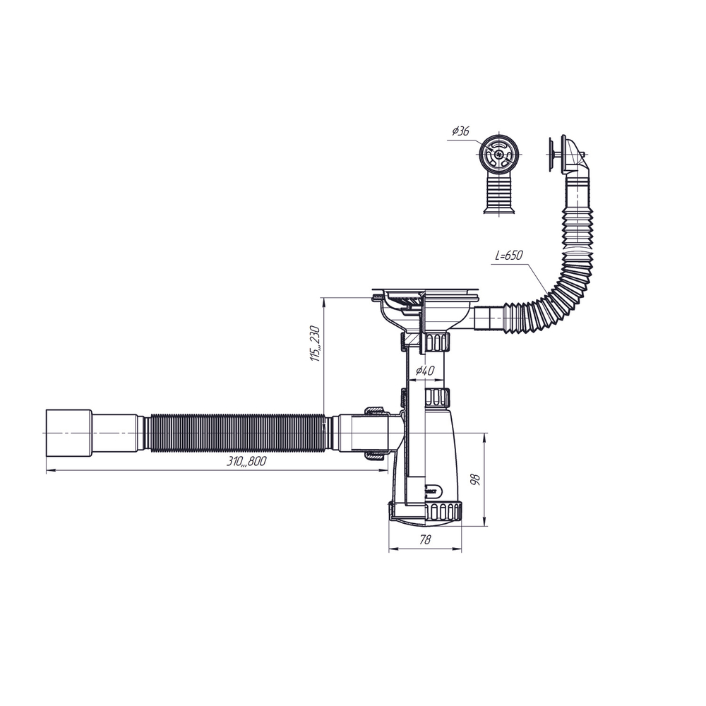 Сифон 3 1/2*40 с круглым переливом, с гофрой 40*40*50 (800мм) BKG3080 ИНКОПЛАСТ