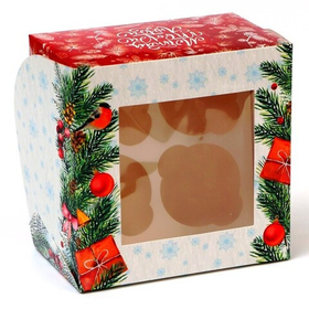 Коробка для 4 капкейков с окном «С Новым годом», 16×16×10 см