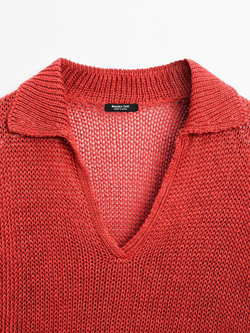 Massimo Dutti Свитер из ажурного трикотажа с воротником-поло - Studio, терракотовый