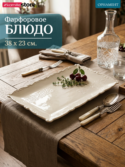 Блюдо прямоугольное 38х23 см. фарфоровое, коллекция "Орнамент"