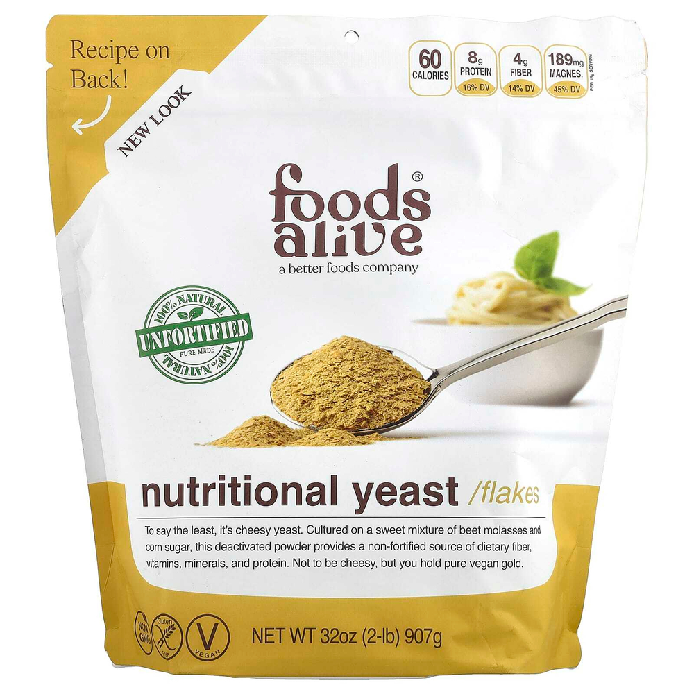 Foods Alive, пищевые дрожжи в хлопьях, необогащенные, 907 г (2 фунта)